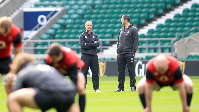 Stuart Lancaster and Andy Farrell in March 2015 during their time with England.  Photograph: Andrew Fosker/Inpho