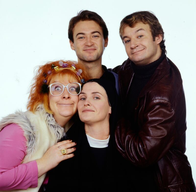 Clockwise from left: actors Kathy Burke, Paul Nicholls and James Dreyfus with Anna Nolan for a Gimme, Gimme, Gimme sketch as part of Red Nose Day 2001. Photograph: Comic Relief/Getty