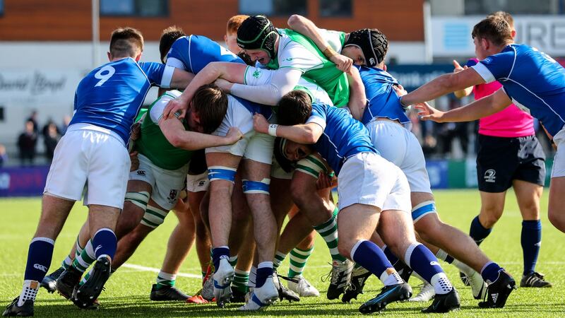 Action from the Bank of Ireland Leinster Schools Senior Cup semi-final between Gonzaga and St Mary’s College  at Energia Park in Donnybrook. Photograph:  Ben Brady/Inpho
