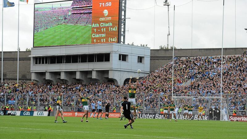 Dublin goalkeeper Stephen Cluxton kicks the winning point in the 2011 All-Ireland SFC final against Kerry. Photograph:  Brian Lawless/Sportsfile