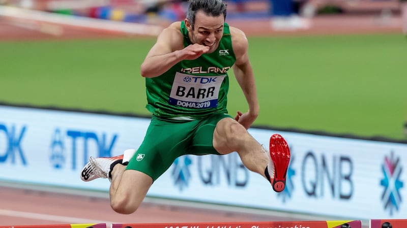 Ireland’s Thomas Barr running in the semi-finals of the Men’s 400m Hurdles. Photograph: Morgan Treacy/INPHO.