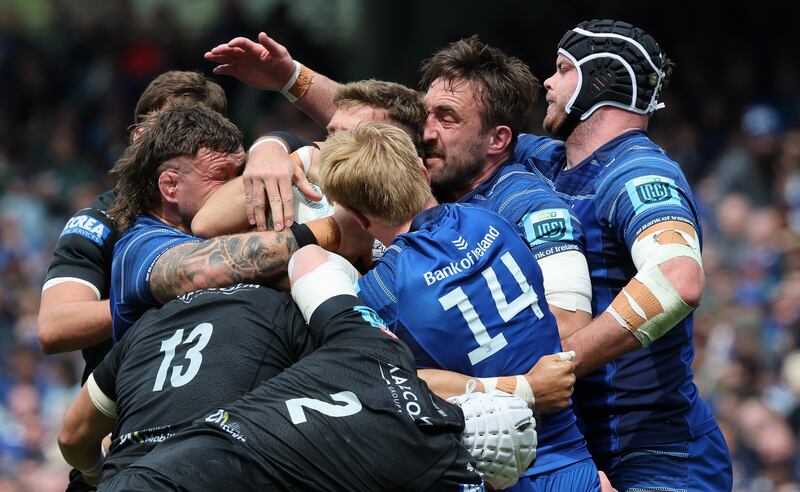 Leinster's Andrew Porter, Jack Conan and James Ryan wrap up a Glasgow player at the URC semi-final match in the Aviva Stadium on Saturday. Photograph: Billy Stickland/Inpho