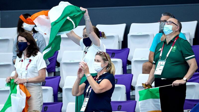 Members of Team Ireland celebrate Ellen Keane's gold medal win in Tokyo. Photograph: Tommy Dickson/Inpho