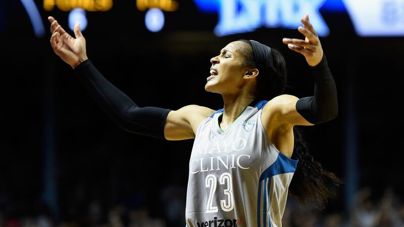 Maya Moore of the Minnesota Lynx and team-mates Seimone Augustus, Lindsay Whalen, and Rebekkah Brunson caused a stir in 2016 by wearing T-shirts criticising policing in the US. Photograph: Hannah Foslien/Getty Images