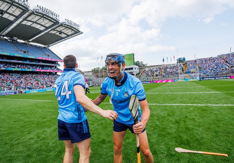 Dublin’s James Madden and Brian Hayes celebrate after the final whistle. Photograph: James Crombie/Inpho