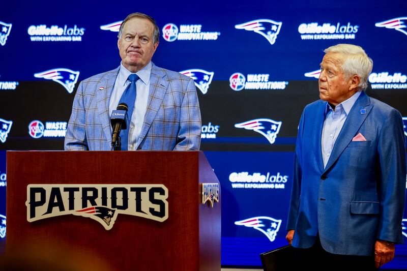 Bill Belichick speaks next to New England Patriots owner Robert Kraft  during a news conference announcing the end of Belichick's coaching of the New England Patriots in Foxborough, Massachusetts. Photograph: Cj Gunther/EFA/EPE