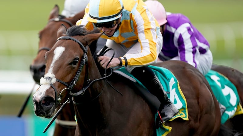 Pretty Gorgeous wins Friday’s Bet 365 Fillies Mile at Newmarket under jockey Shane Crosse. Photograph: Getty