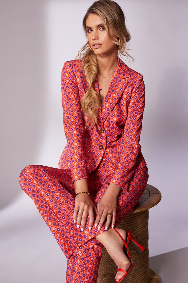 Kate Cooper print jacket, €198; matching trousers, €98. Available in stores and online