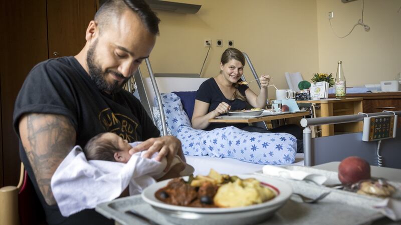 André Nagy and his partner, Kathleen Kuntzsch, with their newborn daughter Gréta, at the Havelhöhe hospital in Berlin, August 23rd, 2018. Photograph: Gordon Welters/The New York Times