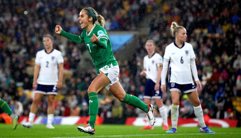 Julie-Ann Russell celebrates scoring for Ireland during the Euro 2025 qualifier against England at Carrow Road. Photograph: Ryan Byrne/Inpho