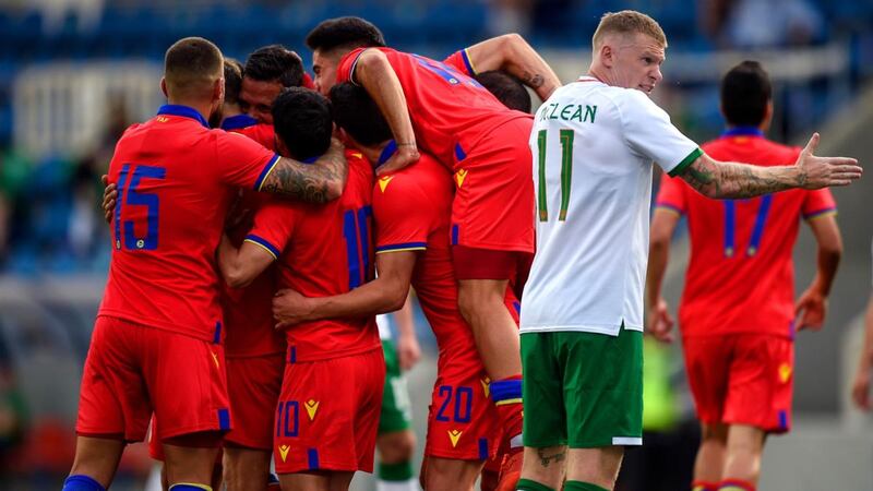 Andorra’s Marc Vales celebrates scoring their first goal in front of Ireland’s James McClean. Photograph: Bagu Blanco/Inpho
