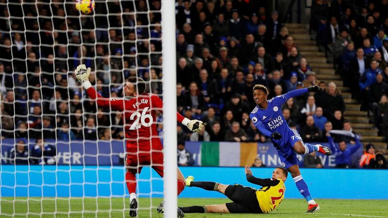 Leicester City’s Demarai Gray hits the goal post with a shot at goal. Photograph: Darren Staples/Reuters.