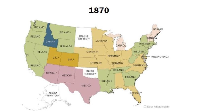 The Pew Research Center has used US Census Bureau data to create a series of maps showing the top country of origin for for foreign-born migrants in the US by state and year, 1850–2013. In 1870, 1.8 million Irish-born people were living in the US. Image: Pew Research Center