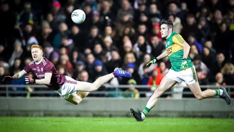 Adrian Varley of Galway in action against  Graham O’Sullivan of Kerry during the Allianz Football League Division 1 game at  Austin Stack Park in Tralee. Photograph: Keith Wiseman/Inpho