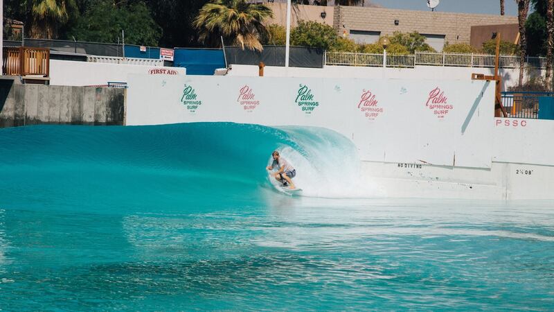 A surfer tries out the wave pool, developed by Tom Lochtefeld. Photograph: Akasha Rabut/NYT
