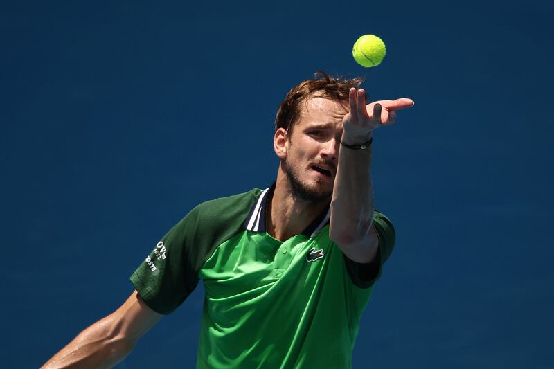 Daniil Medvedev serves during their quarter-finals singles match against Hubert Hurkacz of Poland. Photograph: Daniel Pockett/Getty