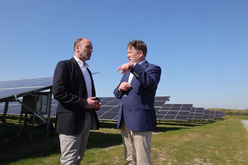 Kenny Jacobs and Minister for Transport Darragh O’Brien at the opening Dublin Airport’s solar farm. Photograph: Alan Betson