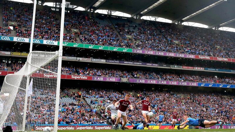 Dublin’s Con O’Callaghan scores the first goal of the 2018 All-Ireland semi-final against Galway at Croke Park. Photograph: Ryan Byrne/Inpho