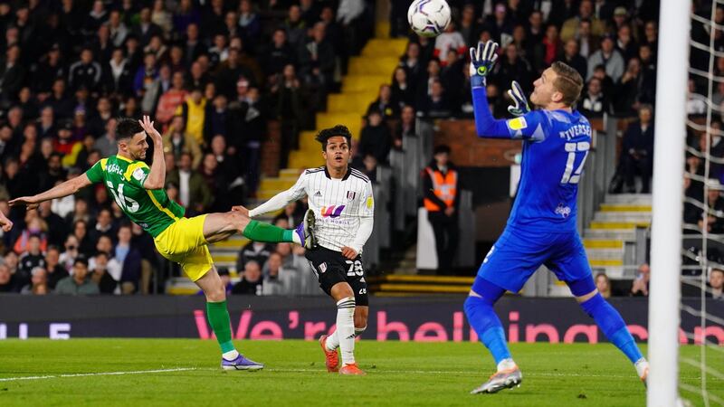 Fulham’s Fabio Carvalho scores his side’s second goal during the  Championship match against Preston North End at  Craven Cottage. Photograph:  Adam Davy/PA Wire