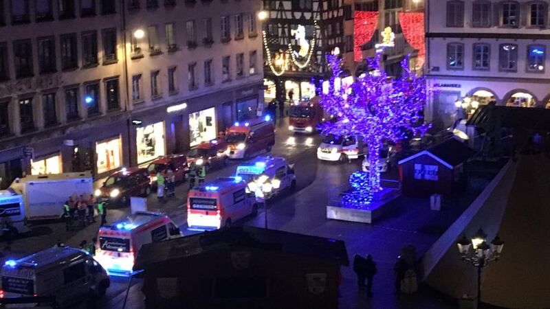 Police, firefighters and emergency services intervene on Place Gutenberg in Strasbourg after a shooting on December 11th Photograp: Patrick Hertzog/AFP/Getty
