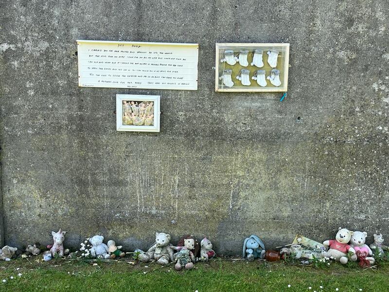 Teddies and toys are left in a makeshift memorial to the babies who died in Tuam, Co Galway.