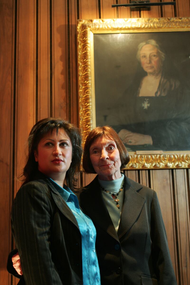 Melissa Sihra, left,  and Phyllis Ryan, actor, producer and director, at the Abbey Theatre in Dublin in 2007, with a portrait of Lady Gregory by Gerald F Kelly in the background. Photograph: Frank Miller