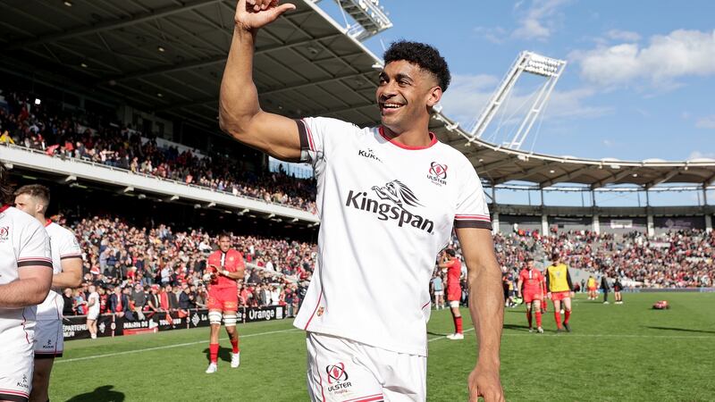 Robert Baloucoune celebrates Ulster’s win away to Toulouse. Photograph: Laszlo Geczo/Inpho