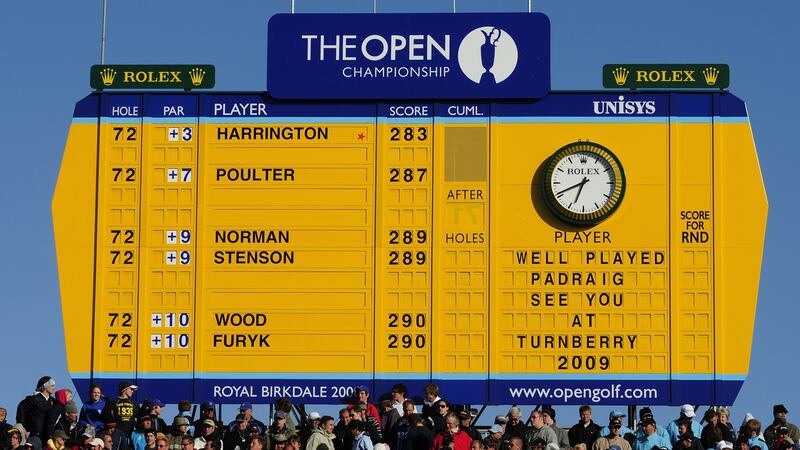 The scoreboard shows Harrington as the champion after the final round of the 2008 Open at Royal Birkdale. Photo: Getty Images