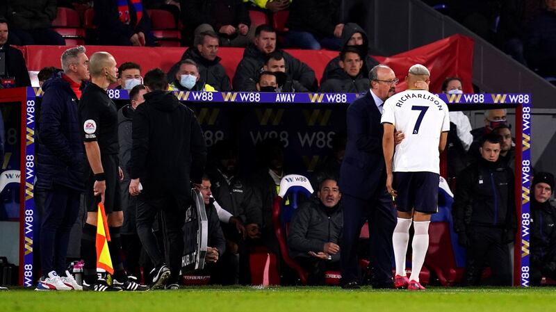 Everton’s Richarlison is withdrawn by Rafael Benitez during his side’s defeat to Crystal Palace. Photograph: John Walton/PA