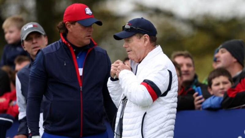 USA’s captain Tom Watson (right) speaks with Phil Mickelson at Gleneagles. The latter was very critical of his skipper after defeat to Europe.  Photograph: David Davies/PA Wire