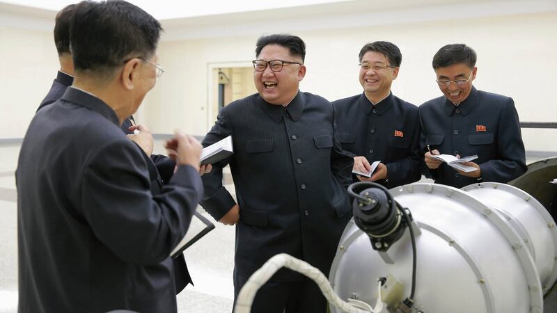 An undated photograph shows North Korean leader  Kim Jong-un purportedly guiding the work for nuclear weaponisation at an undisclosed location in North Korea in 2017. Photograph: EPA/KCNA