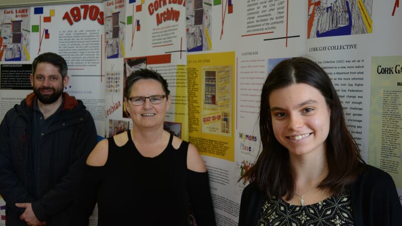 Orla Egan (centre) with  Patrick Egan and Mira Dean    at the Cork LGBT Archive:   the team has been working hard to develop the digital collection and curate the new Cork Queeros exhibition