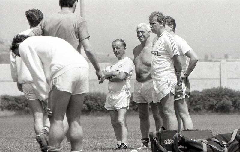 Physio Mick Byrne and kitman Charlie O'Leary at Republic of Ireland training in Malta, 1990. Photograph: Billy Stickland/Inpho