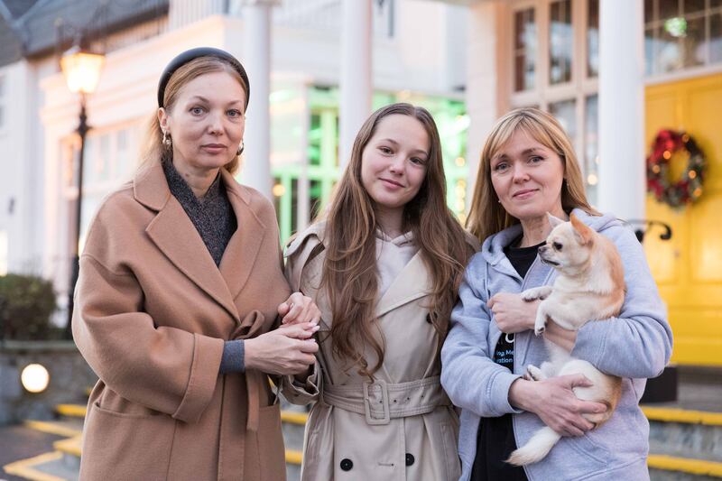 Olena and her daughter Varvara with Olha and her dog Taco at the Hydro Hotel, Lisdoonvarna, Co Clare. Photo: Eamon Ward