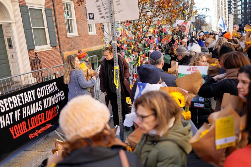 People join family members of hostages held by Hamas in Gaza to protest outside the home of UN secretary general António Guterres in New York City on December 15th. Approximately 137 of the hostages are believed to still be in captivity. Photograph: Michael M Santiago/Getty 