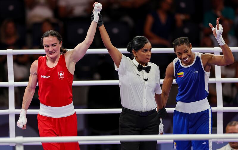 Kellie Harrington is announced as the winner over Angie Paola Valdes Pana. Photograph: James Crombie/Inpho