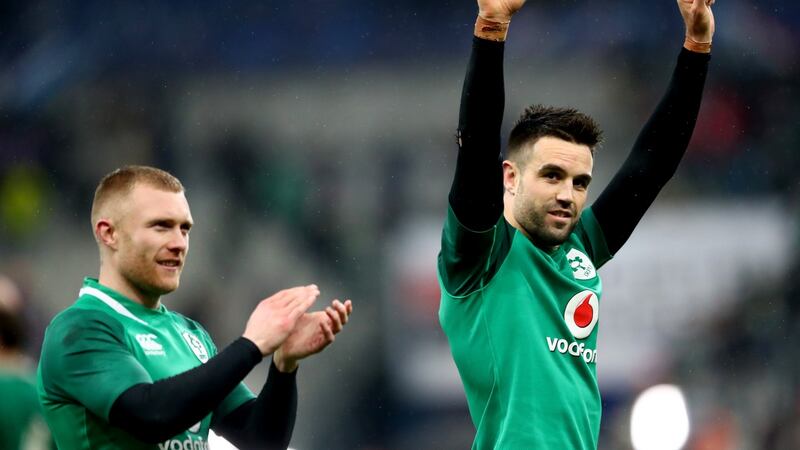 Ireland’s Keith Earls and Conor Murray celebrate their hard-fought win against France in the Six Nations Championship Round 1 at Stade de France in Paris. Photograph: James Crombie/Inpho