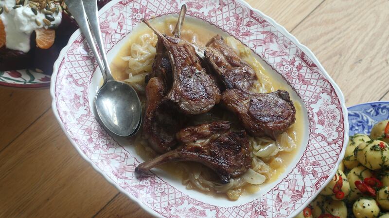 Lamb chops with sweet and sour onions and raisins. Photograph: Nick Bradshaw