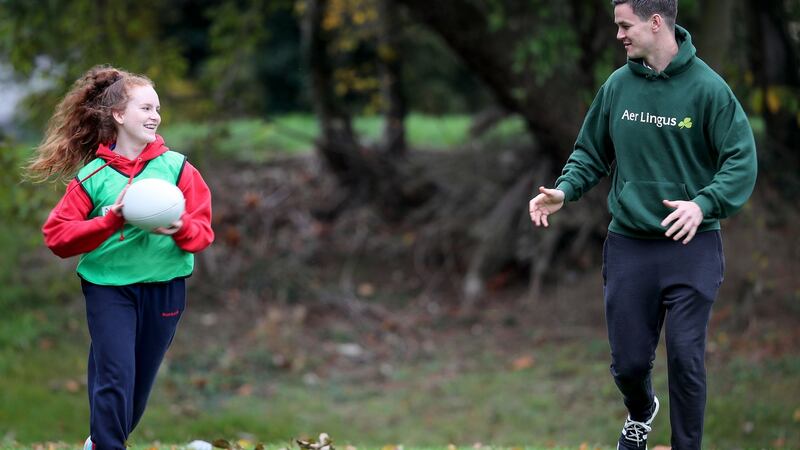 Johnny Sexton conducts a rugby coaching masterclass with pupils from Castleknock College and Mount Sackville as an Aer Lingus ambassador. Photograph: Dan Sheridan/Inpho