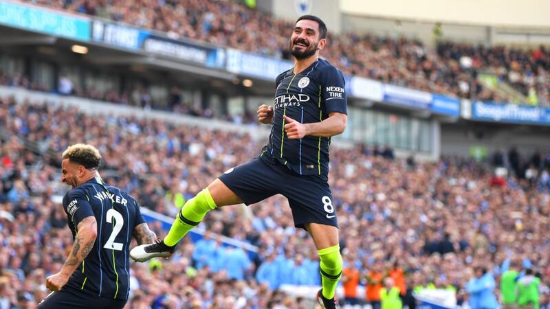 Ilkay Gündogan of Manchester City celebrates after scoring his team’s fourth goal during their Premier League match against Brighton & Hove Albion. Photograph:  Michael Regan/Getty Images