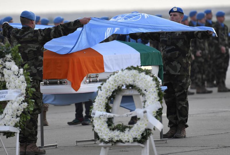 Members of the UN peacekeeping force in Lebanon attend the repatriation ceremony for Irish peacekeeper, Pte Seán Rooney, at Beirut international airport, Beirut, Lebanon. Photograph: Abbas Salman/EPA