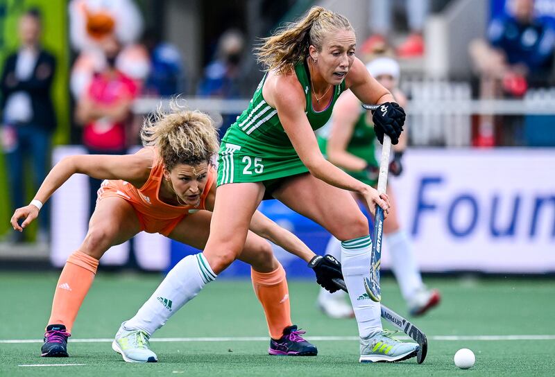 Sarah Hawkshaw in action for Ireland against the Netherlands in 2021. Photograph: Frank Uijlenbroek/Inpho