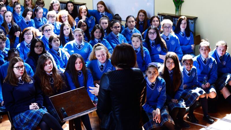 Students at Mount Carmel School in Dublin listening to Cathriona Hallahan from Microsoft at the opening of the school extension. Photograph: Cyril Byrne