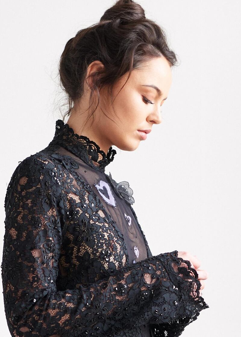 A gown with inserts of Carrickmacross lace by Caterina Coyne which will feature in the forthcoming ARC show at the RDS