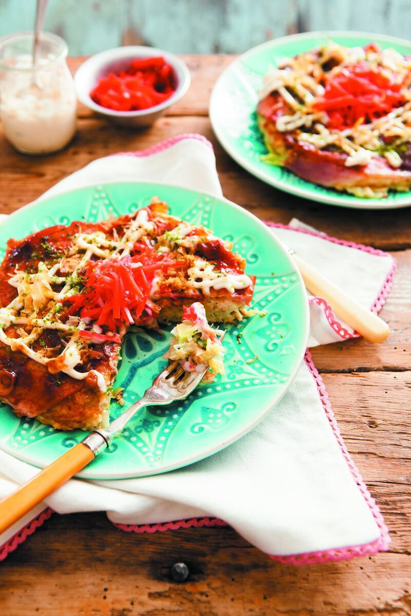 Okonomiyaki (Japanese style pancakes with bacon and cabbage)