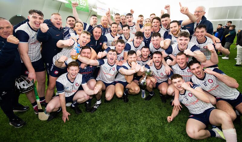 New York players celebrate winning the Connacht Hurling League final between New York and Mayo at the Connacht GAA Air Dome, Co Mayo  last January. Photograph: Evan Logan/Inpho