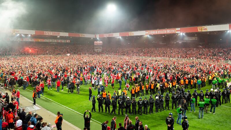 Union Berlin fans celebrate after their promotion to the Bundesliga last season. Photo: TF-Images/Getty Images