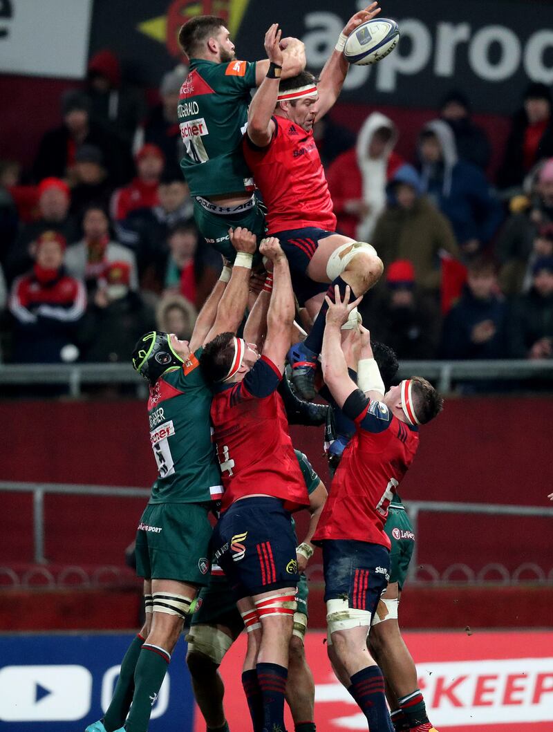 Billy Holland wins a lineout from Leicester’s Michael Fitzgerald in last week’s European  Champions Cup  Round 3 match at  Thomond Park, Limerick. Billy Stickland/Inpho