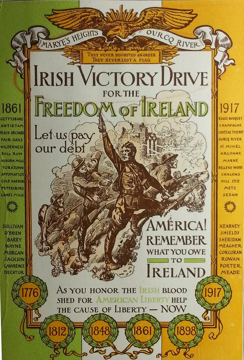 A Friends of Irish Freedom Victory Fund poster produced after the Irish Race Convention in Philadelphia in March 1919. It depicts soldiers of the mainly Irish 69th Regiment in action on the Western Front during the first World War. Source: American Irish Historical Society, New York.
