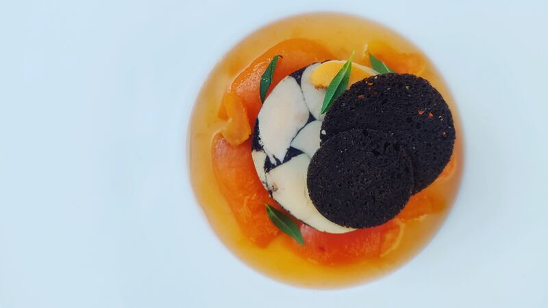 Sarrade foie gras, apricot, gingerbread and lemon balm